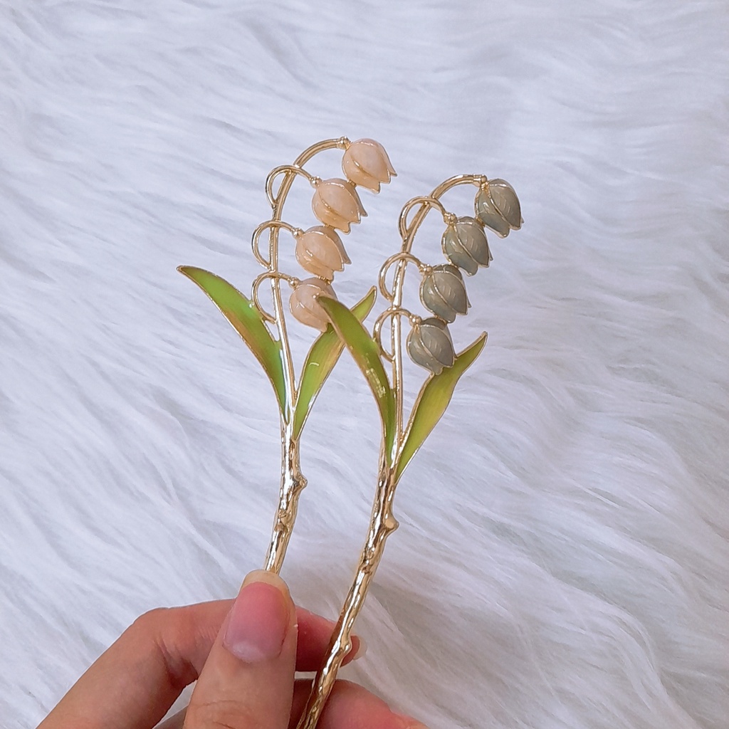 Trâm cài tóc cành hoa 4 bông linh lan, cài tóc hoa lan chuông phong cách cổ trang