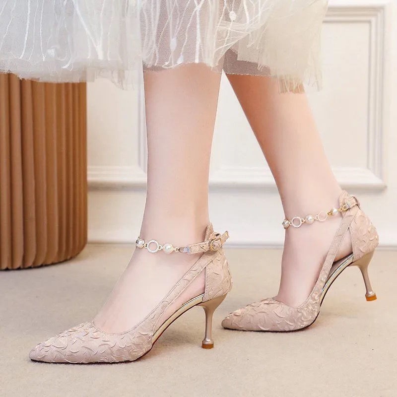 ✟Gentle net red one-word buckle French stiletto high heels pointed toe pearl temperament dress shoes 2021 new style