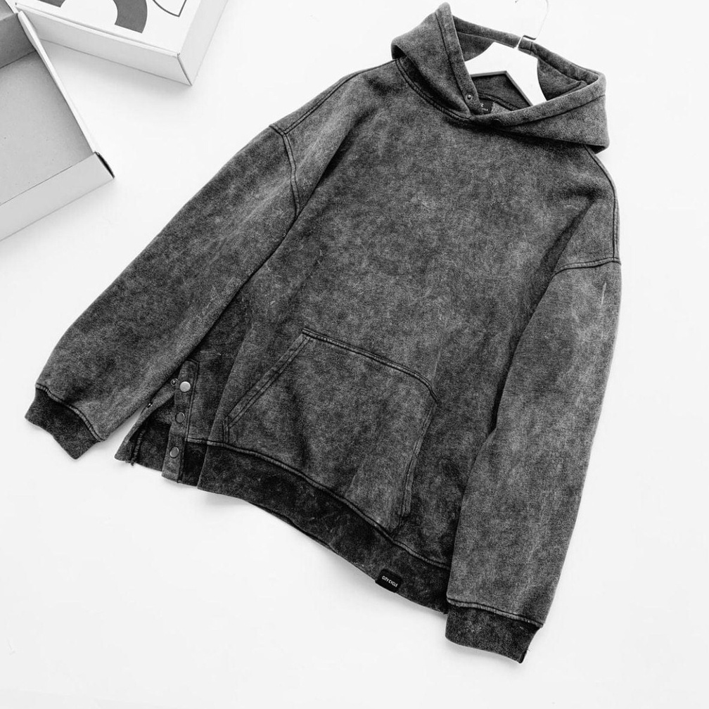 Áo hoodie unisex acid button đen khói Jiang Store - áo nỉ hoodie unisex form rộng trẻ trung