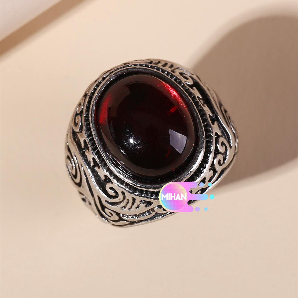 Nhẫn thép không gỉ đính đá ruby và ngọc lam nhiều màu thời trang cho nam nữ cỡ 7-12 tùy chọn