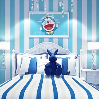 10m giấy dán tường sẵn keo dọc trắng - xanh , decal trang trí phòng.
