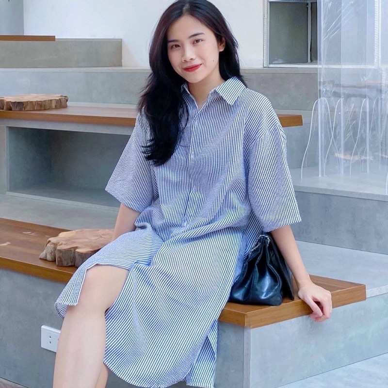 Đầm váy sơ mi suông sọc xanh