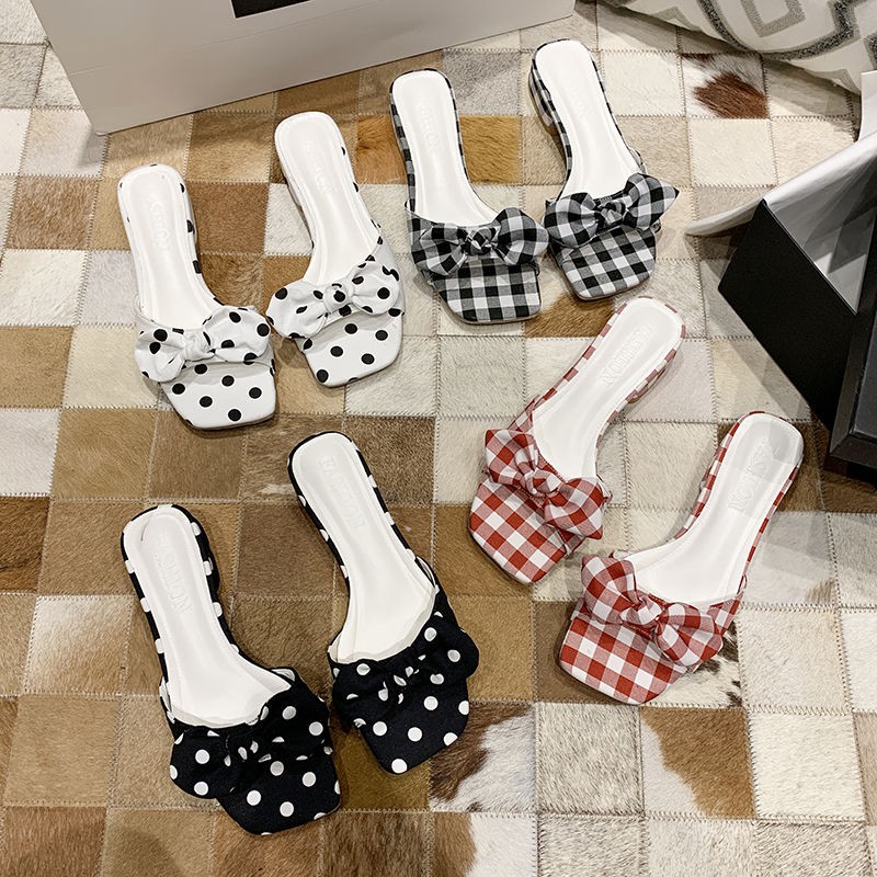 Bowknot Sandals and Slippers Nữ Thời trang mùa hè Đầu vuông lưới Màu đỏ Polka Dot Giày gót thấp Phù hợp Mang dép