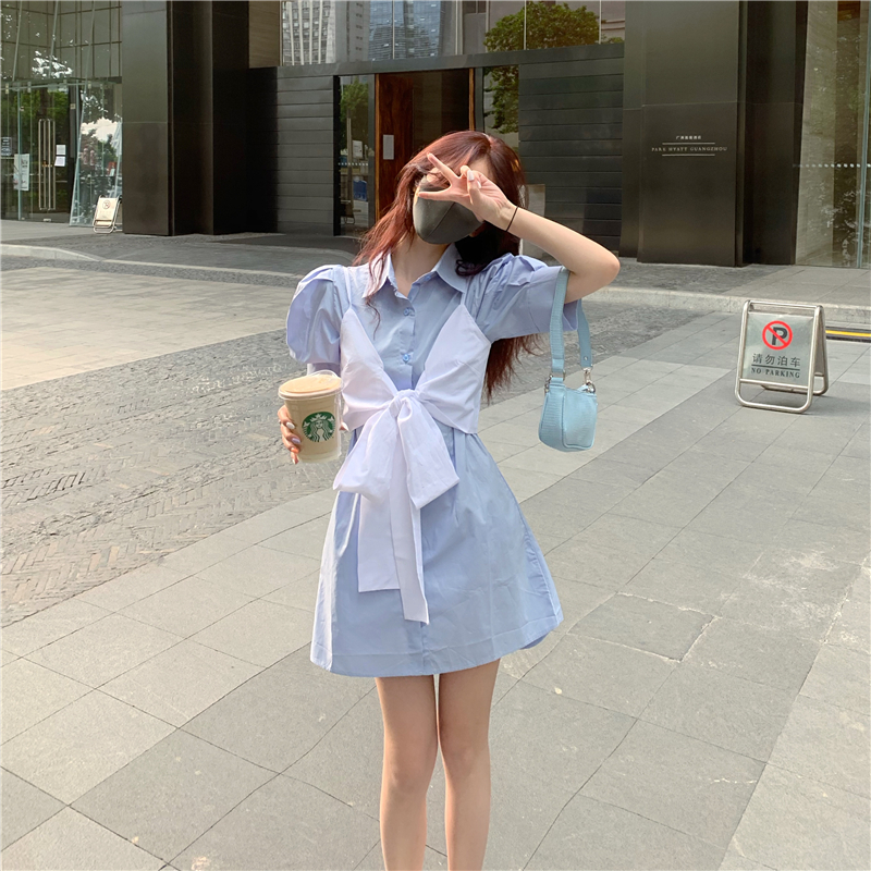 Đầm midi tay ngắn phối áo buộc nơ ngực thời trang | BigBuy360 - bigbuy360.vn