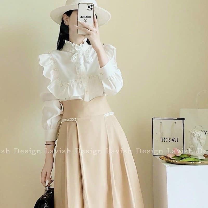 Áo sơ mi cổ trụ nơ ren viền cúc ngọc(13khuy) b95