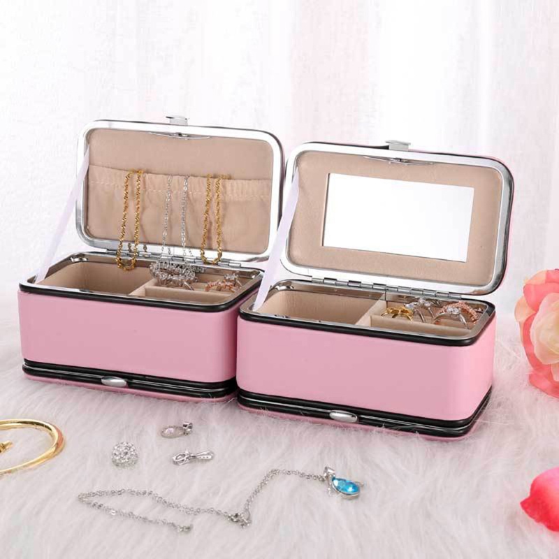 Hộp Đựng Trang Sức Bằng Da PU 2 Tầng Có Gương Soi Tiện Dụng