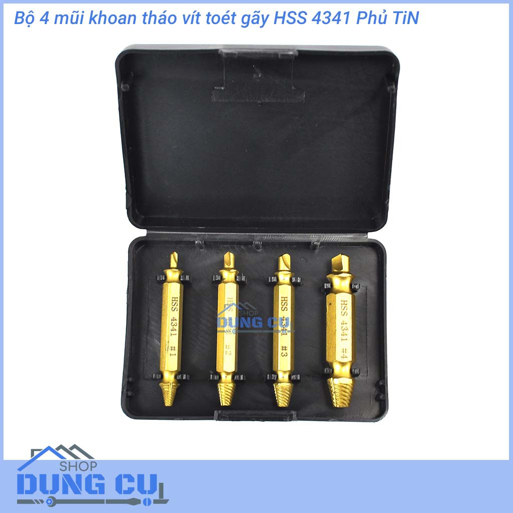 Bộ 4 mũi tháo bu lông ốc vít gãy toét đầu thép HSS 4341 phủ TiN