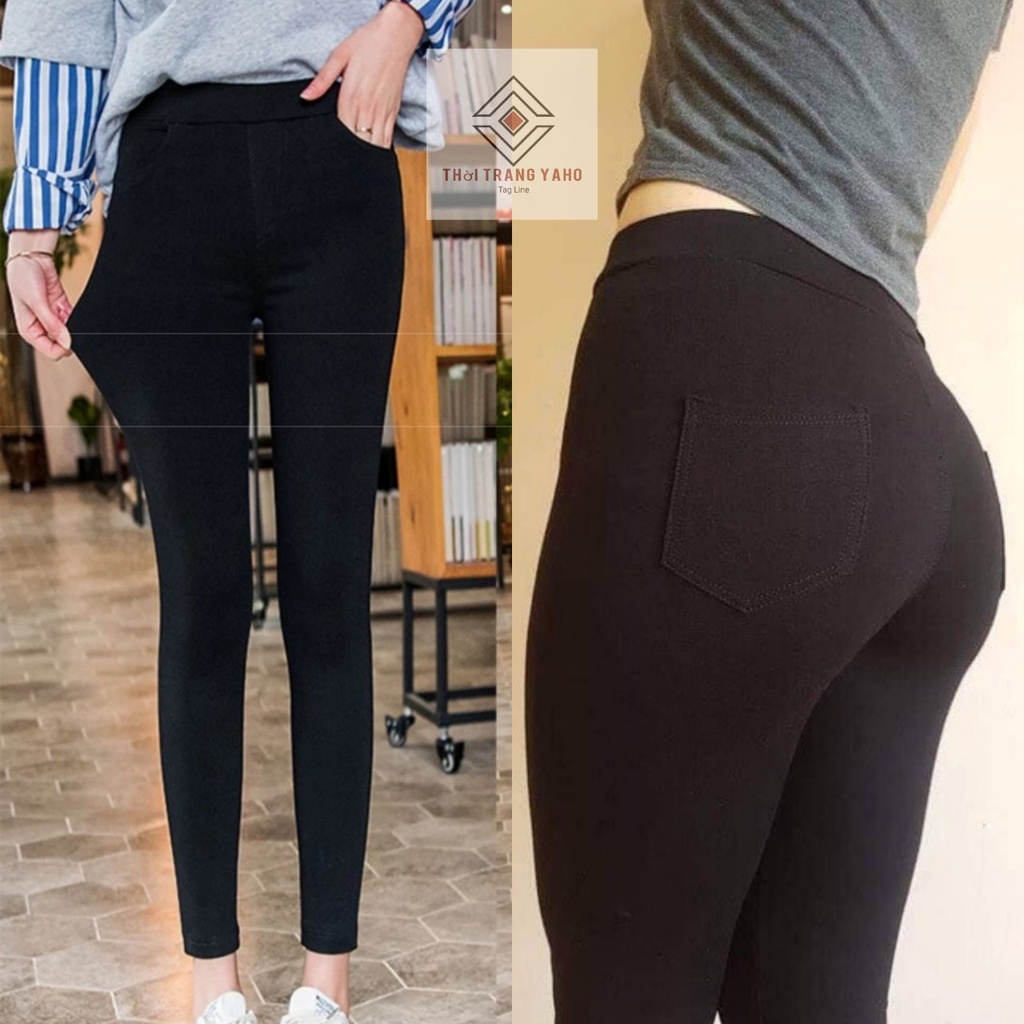 Quần legging nữ dài nâng mông gen bụng có túi màu đen chất vải cotton co giãn 4 chiều -  Quần legging công sở đi học gym