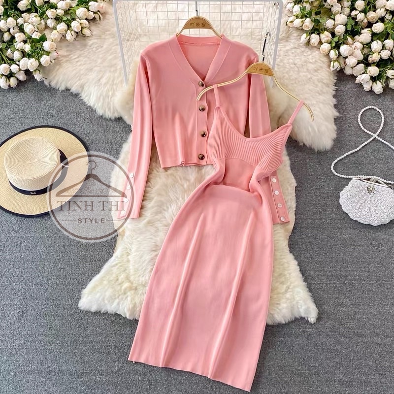 Đầm body len dây phối khoác, Set đầm dây + khoác tay dài chất len dệt kim