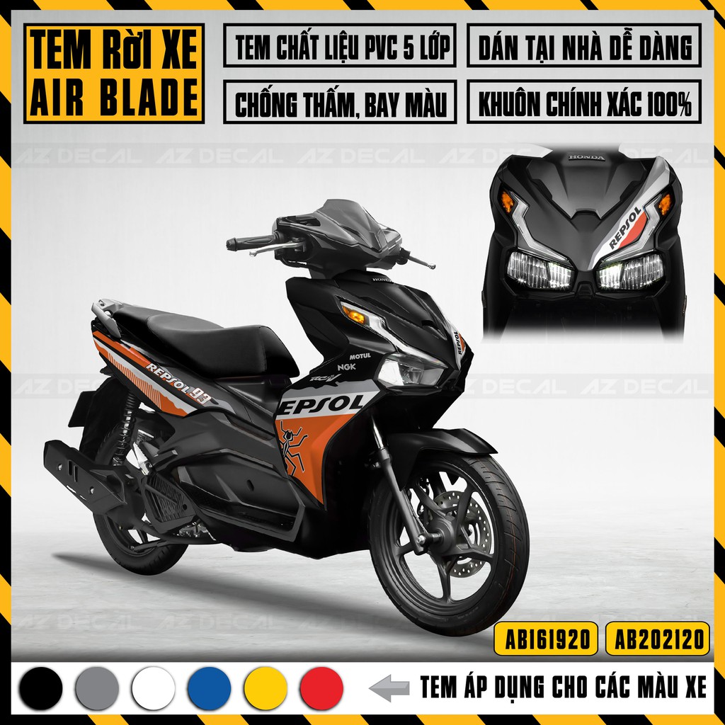 Tem Repsol Xe Airblade, Đa Dạng Màu Tem | AB20 | Chất Liệu Decal PVC Cao Cấp Chống Nước, Chống Bay Màu