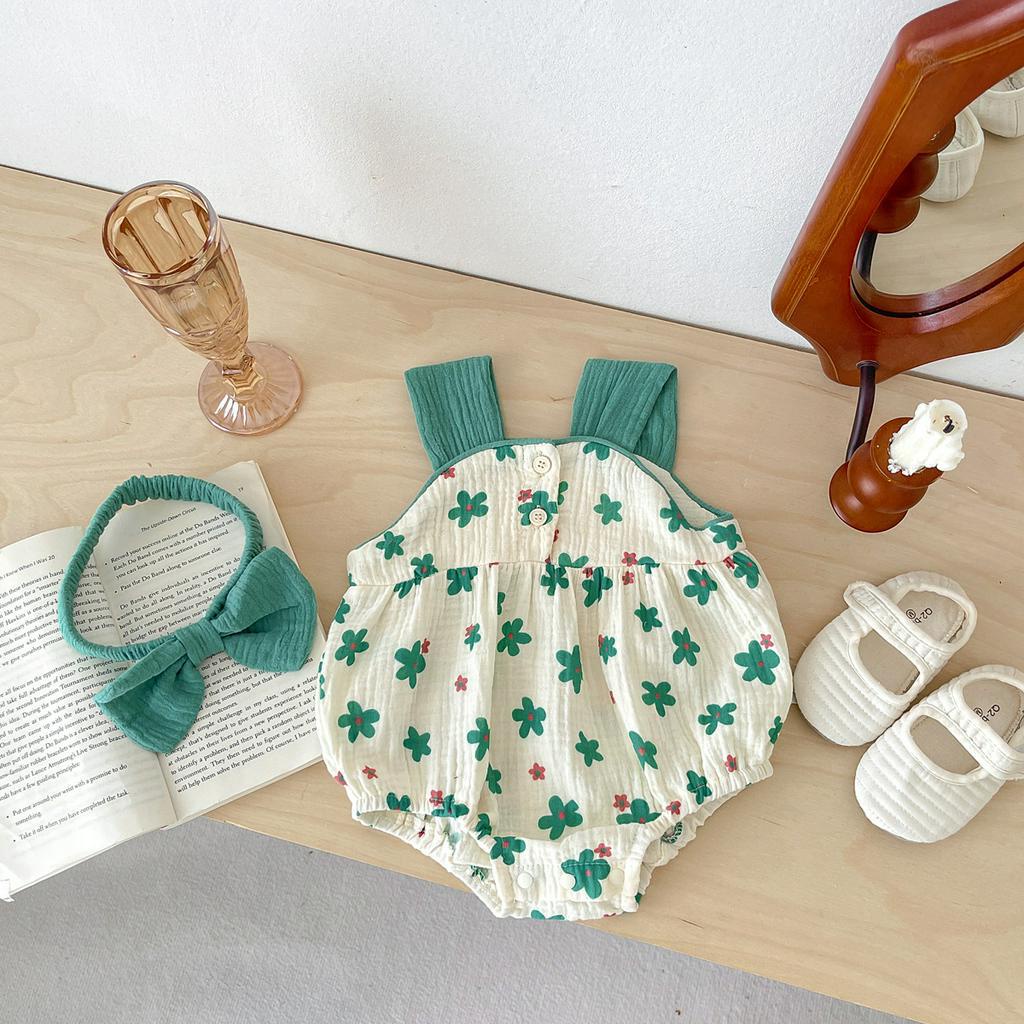 Set Áo liền quần Hoa + Băng Đô Cài Tóc Cho Bé Gái