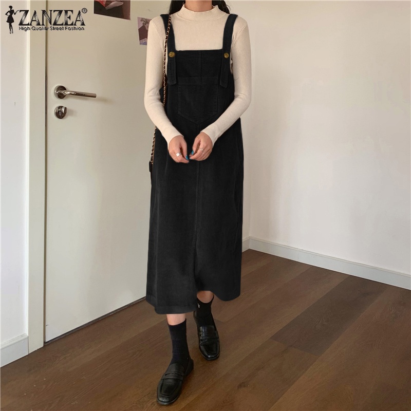 Yếm ZANZEA màu trơn dáng dài không tay cổ vuông vải nhung sọc nổi phong cách vintage thời trang dành cho nữ
