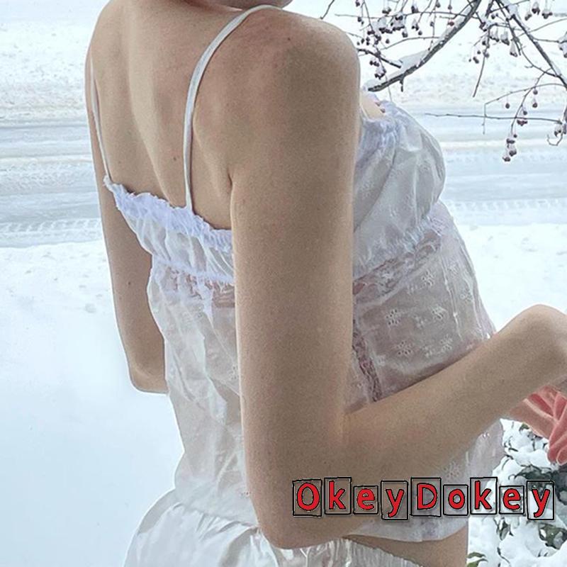 OKDK-y2k Women Patchwork Camisole Flower Pattern Boat Neck Spaghetti Strap Slit Crop Tops