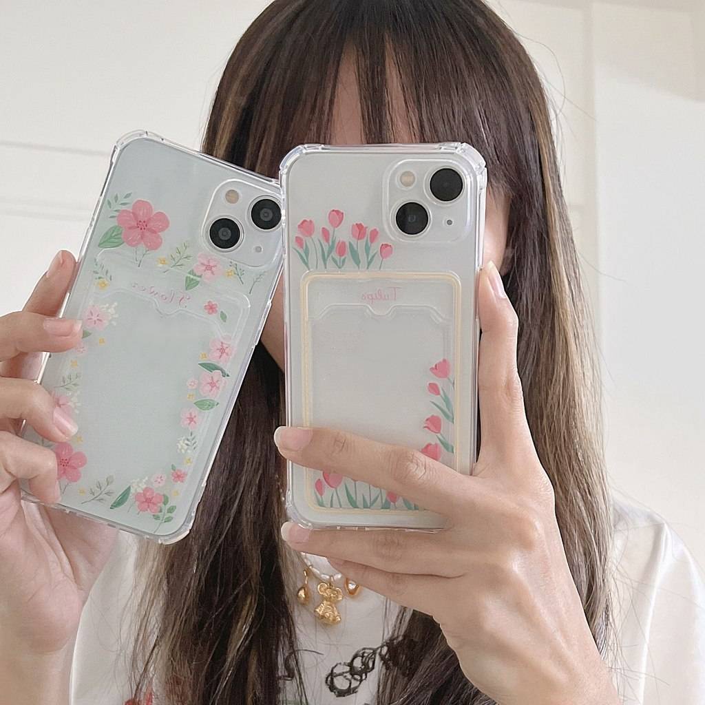 Ốp Điện Thoại TPU Dẻo Trong Suốt Họa Tiết Hoa Tulip Kèm Giá Đỡ & Ngăn Đựng Thẻ Cho iPhone 11 13 7Plus 12 Pro Max XR