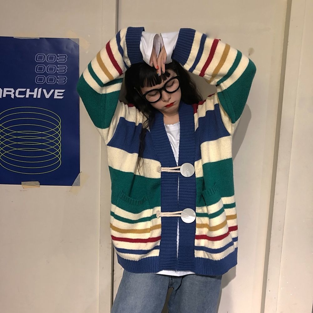 Áo khoác len cardigan dáng rộng họa tiết kẻ sọc ngang trẻ trung thời trang