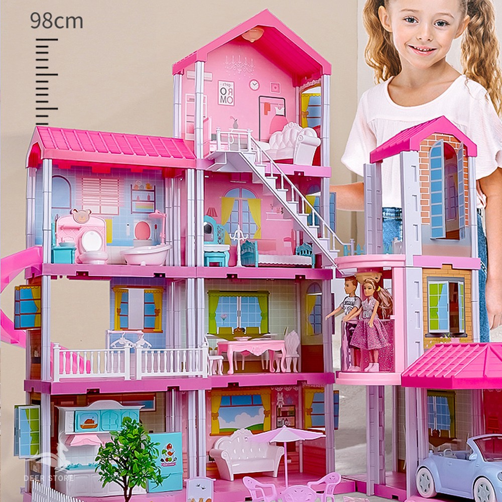 Nhà búp bê Barbie cỡ lớn 4 tầng tùy chỉnh. Quà tặng sinh nhật cho bé gái | Tặng hai búp bê, Nhà biệt thự đủ nội t