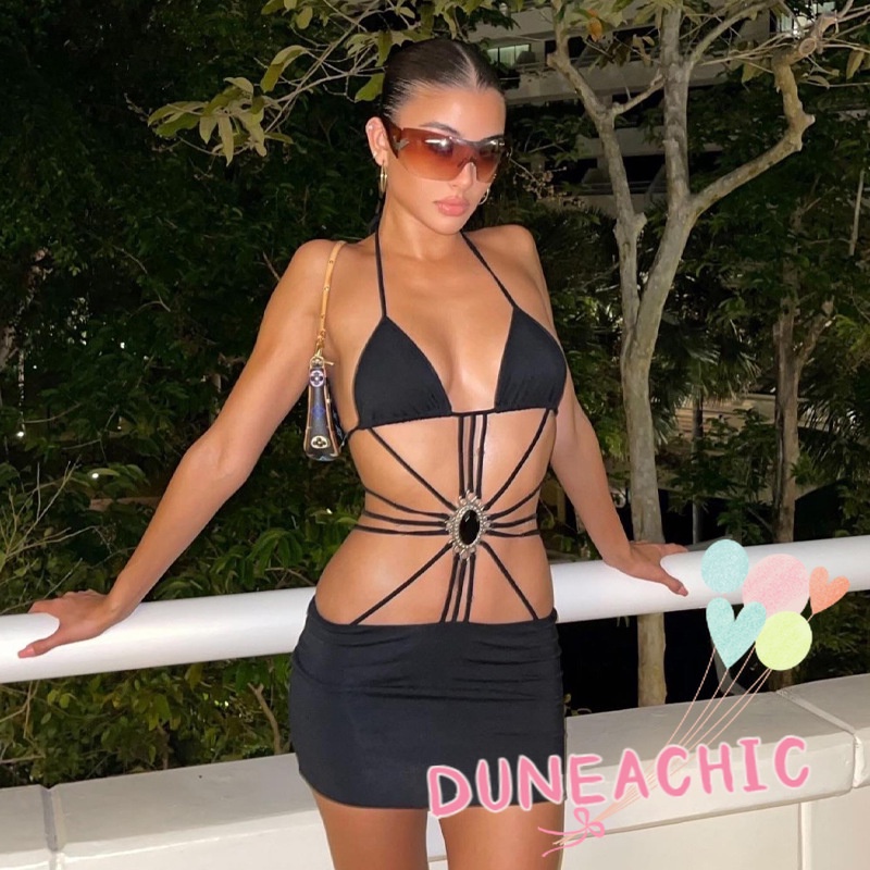 DUNEA Đầm cổ yếm buộc dây hở lưng thời trang quyến rũ dành cho nữ