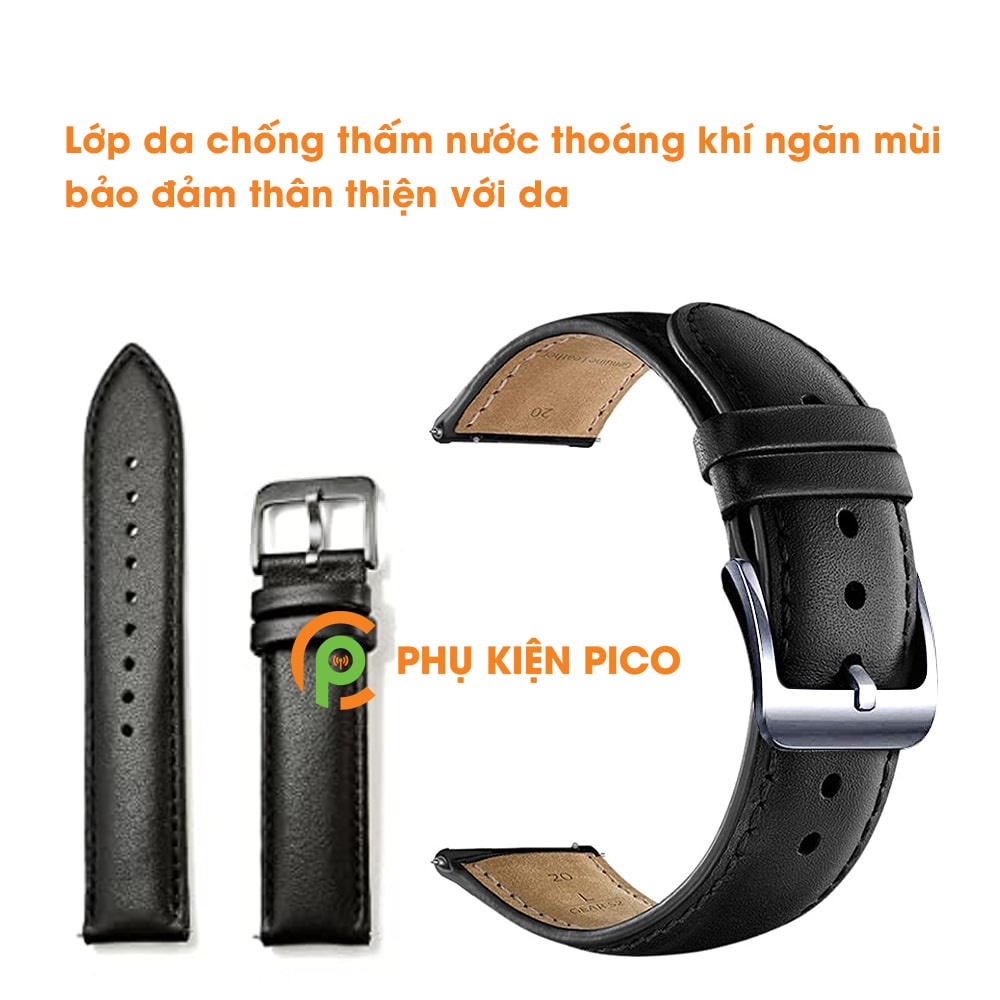 Dây da đồng hồ Samsung Watch Active 2 bản 40/44mm dây 20mm vân trơn màu đen khóa bạc, màu nâu khóa bạc