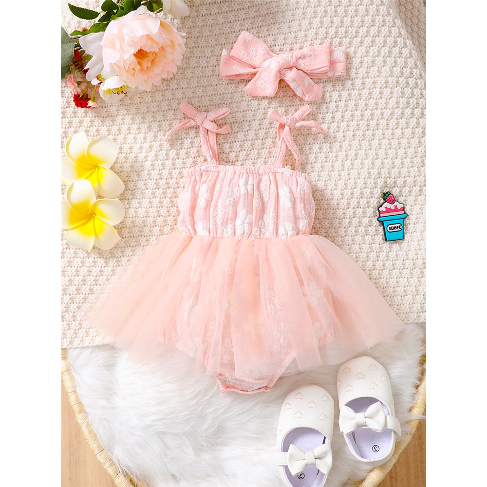 Set đầm Mikrdoo liền thân hai dây phối chân váy tutu kèm băng đô xinh xắn cho bé gái sơ sinh