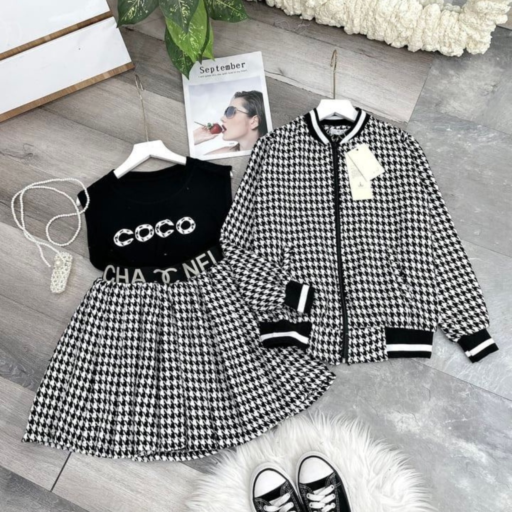 set chân váy xếp ly 2 lớp vải dạ, áo khoác dạ, áo thun 3 món siêu sinh. | BigBuy360 - bigbuy360.vn