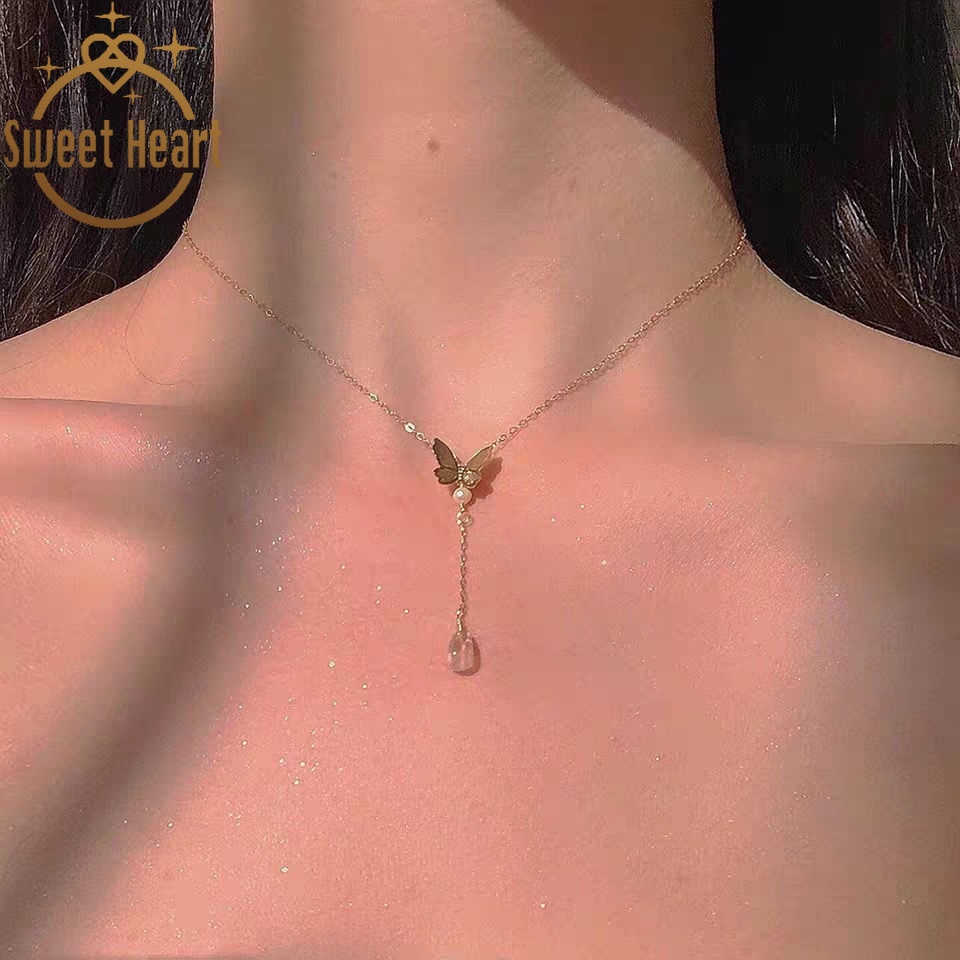 Vòng cổ Choker Mặt Hình Giọt Nước Và Bướm Đơn Giản Ngọt Ngào Thời Trang Cho Nữ