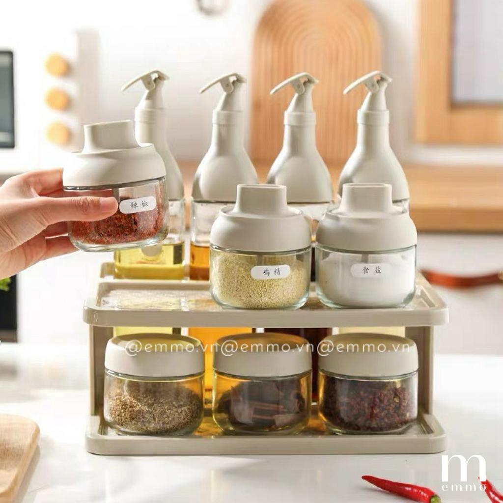 BỘ HỦ ĐỰNG GIA VỊ, CHAI ĐỰNG GIA VỊ KÈM KỆ THỦY TINH CAO CẤP EMMO BLISSFUL