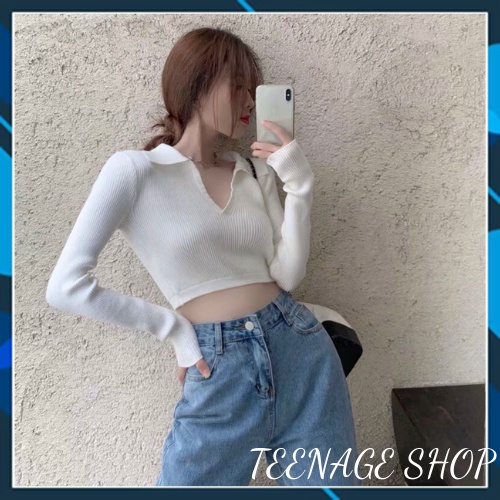 Áo len tăm croptop tay dài cổ bẻ cột nơ sau trẻ trung kiểu Hàn Quốc