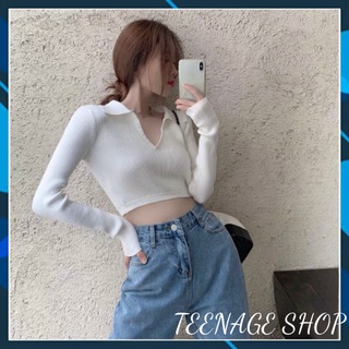 Áo len tăm croptop tay dài cổ bẻ cột nơ sau trẻ trung kiểu Hàn Quốc
