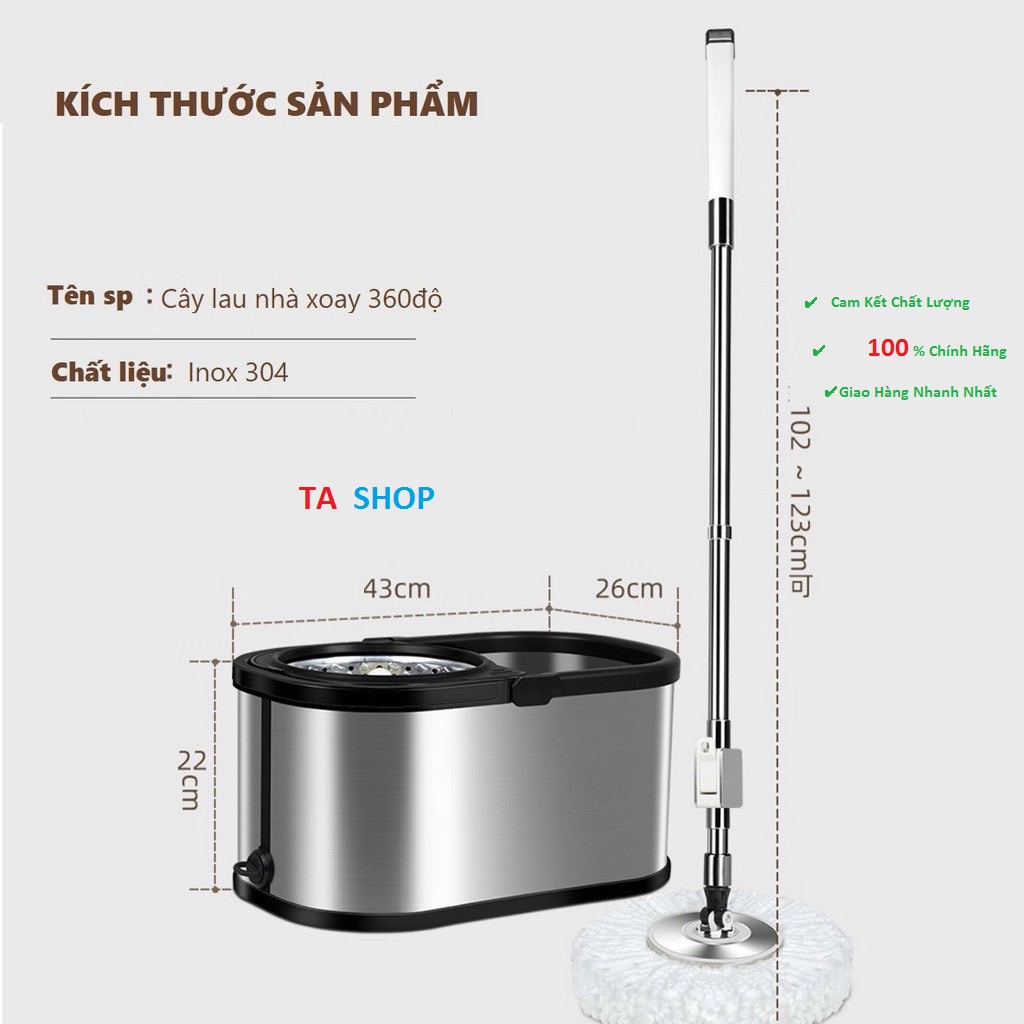 Bộ Lau Nhà Xoay 360 độ vuông loại inox lớn + tặng kèm 2 bông lau nhà thay thế