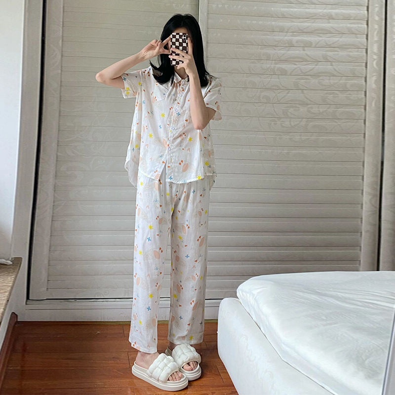 Bộ Đồ Ngủ Mặc Nhà Vải Mỏng Tay Ngắn In Họa Tiết Dễ Thương Thời Trang Mùa Hè Cho Nữ