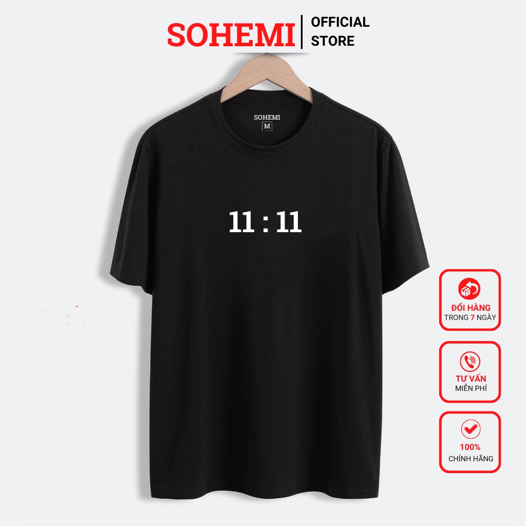 Áo thun nam SOHEMI in 11:11 màu đen trắng cổ tròn vải cao cấp co giãn 4 chiều