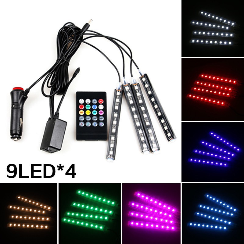 Set 4 đèn LED điều khiển âm nhạc RGB kèm điều khiển từ xa không dây đầy màu sắc trang trí nội thất ô tô