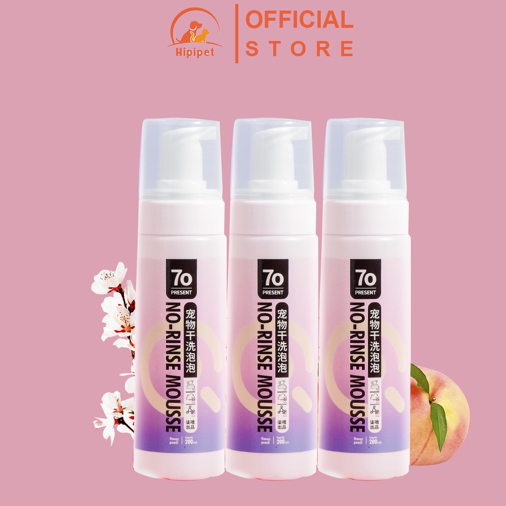 Sữa tắm khô cho chó mèo Hipipet hương hoa anh đào bông mịn làm sạch nhanh dưỡng ẩm lông không cần tắm - 200ml