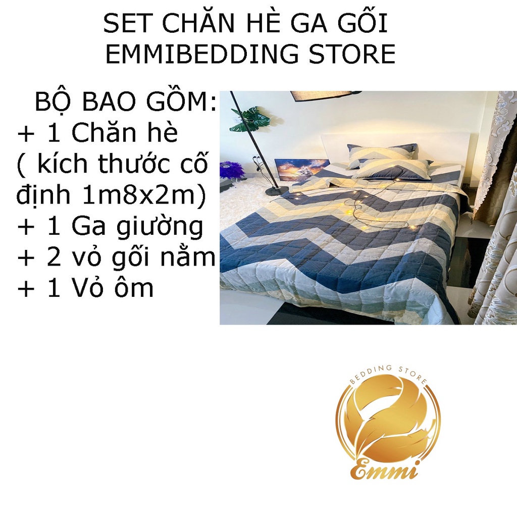 Set ga gối chăn hè chần bông Cotton 5 món EMMIBedding, mẫu Kẻ sóng xám mền cotton họa tiết đáng yêu