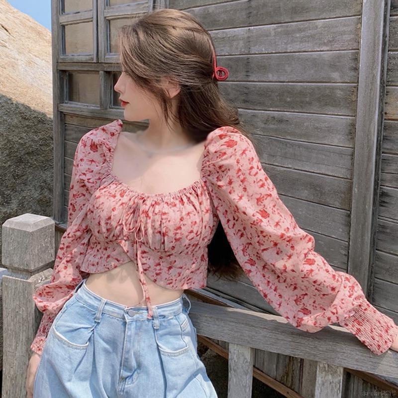 Áo Sơ Mi Chiffon Tay Dài Cổ Vuông In Họa Tiết Hoa Quyến Rũ Cho Nữ