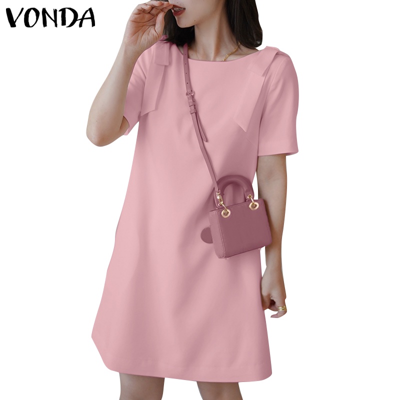 Đầm VONDA tay ngắn cổ tròn dáng chữ A màu trơn thời trang mùa hè Hàn Quốc cho nữ