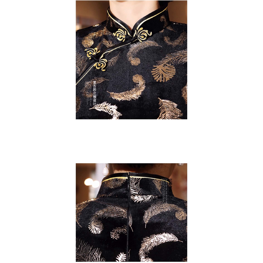 Cheongsam Dress Vintage Slim Dress Women Gold Velvet Wedding Party Long Dresses | BigBuy360 - bigbuy360.vn