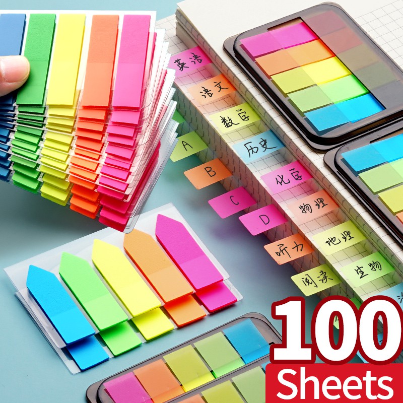 Set 100 nhãn dán ghi chú đánh dấu cho học sinh，Nhiều Màu Sắc Tiện Dụng dạ quang đáng yêu