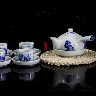 ĐÁNH THỨC TRÀ VỚI bộ ấm pha trà đẹp quai ngang men lam vẽ trúc lâm, bộ ấm chén trà đạo, bộ ấm chén cao cấp, bộ ấm trà đạ