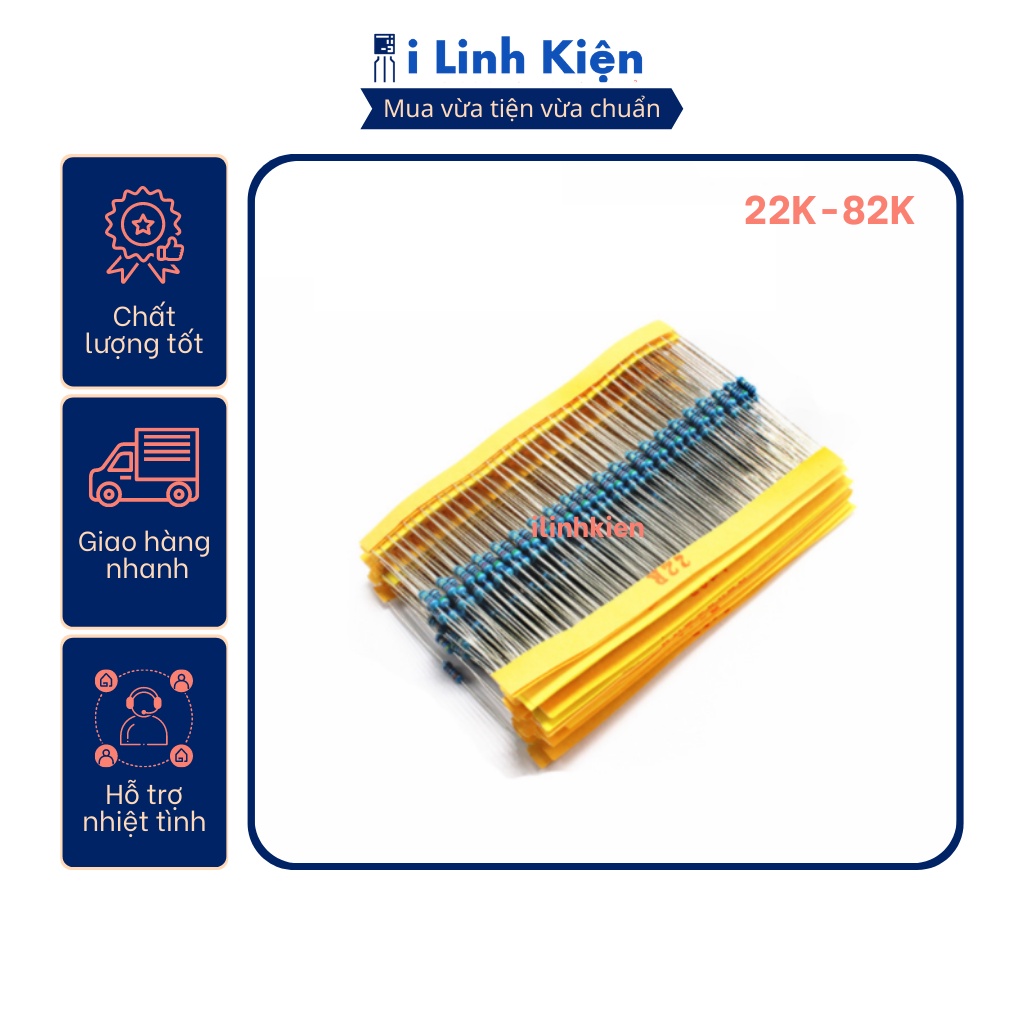 Điện trở vạch 1/4W 22K-82K 1% chân đồng túi 50 con.