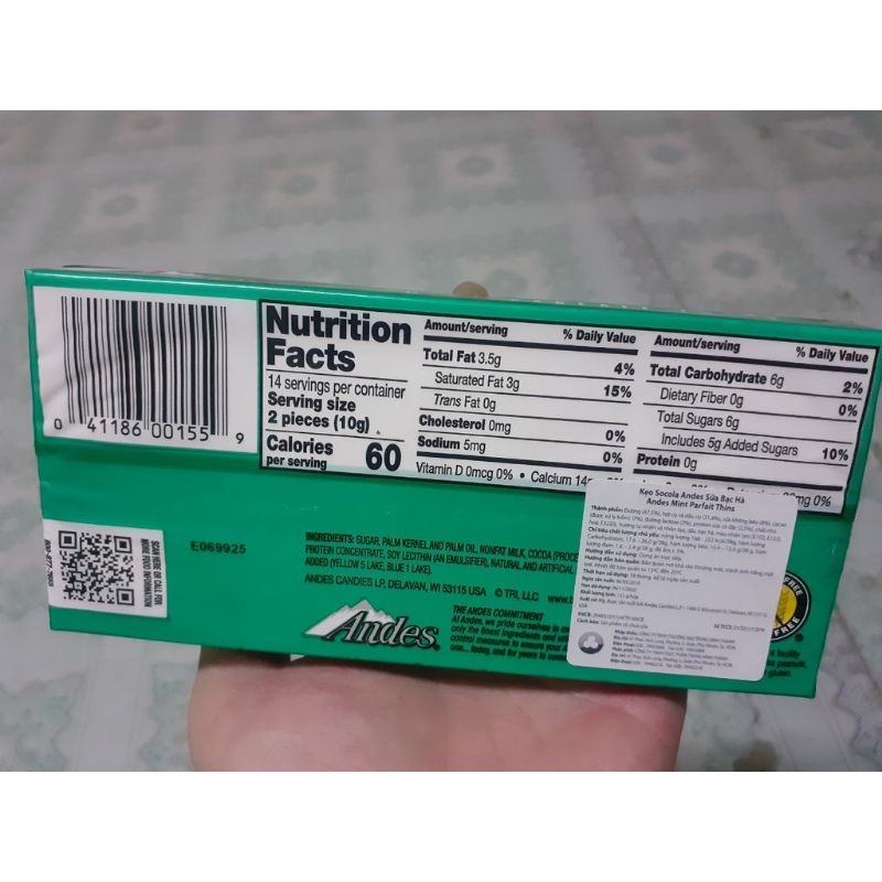 Socola sữa bạc hà mỹ 132g