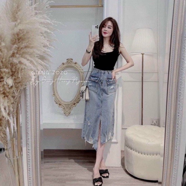 [Hàng Chuẩn] Chân Váy Bò Rách Túi Hộp Cá Tính Có Ảnh Thật Kèm Video