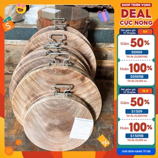 Thớt gỗ nghiến Tây Bắc 44cm, thớt tròn đường kính 44cm độ dày tuỳ chọn, Thớt nghiến không tâm, có đai inox/quai sắt