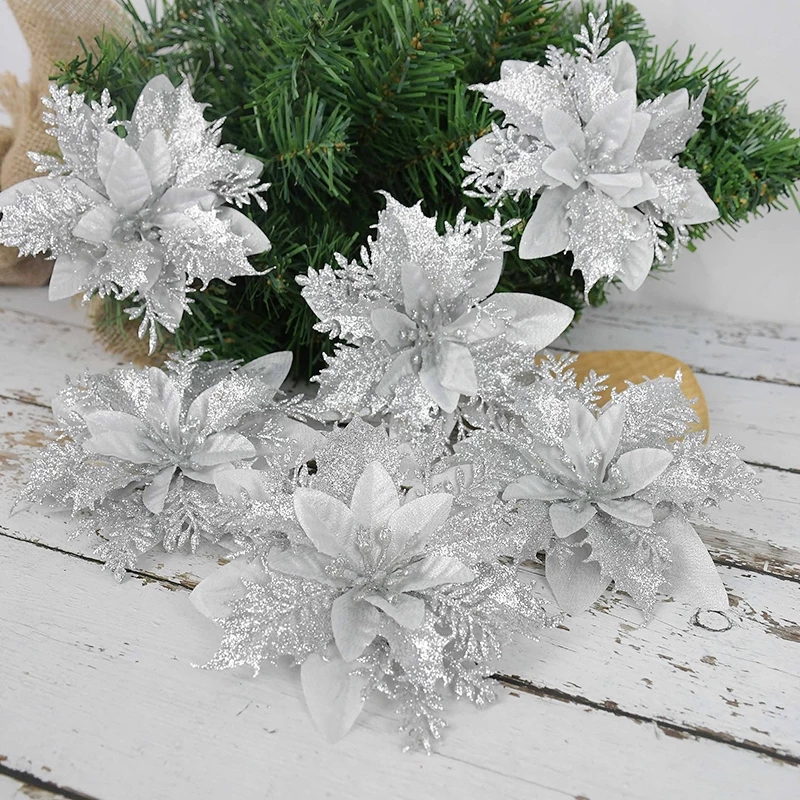 5 Bông Hoa Lụa Nhân Tạo 14cm Trang Trí Giáng Sinh