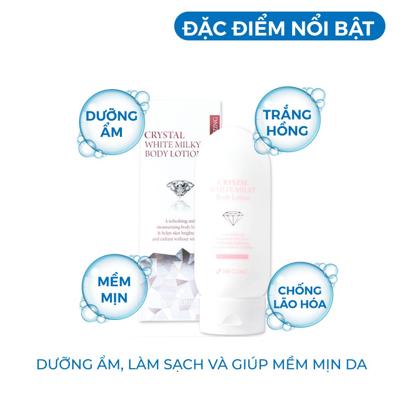 Kem Dưỡng Trắng Da Body Nâng Tone Crystal White Milk Lotion 3W Clinic Hàn Quốc giúp trắng da / dưỡng ẩm 150g