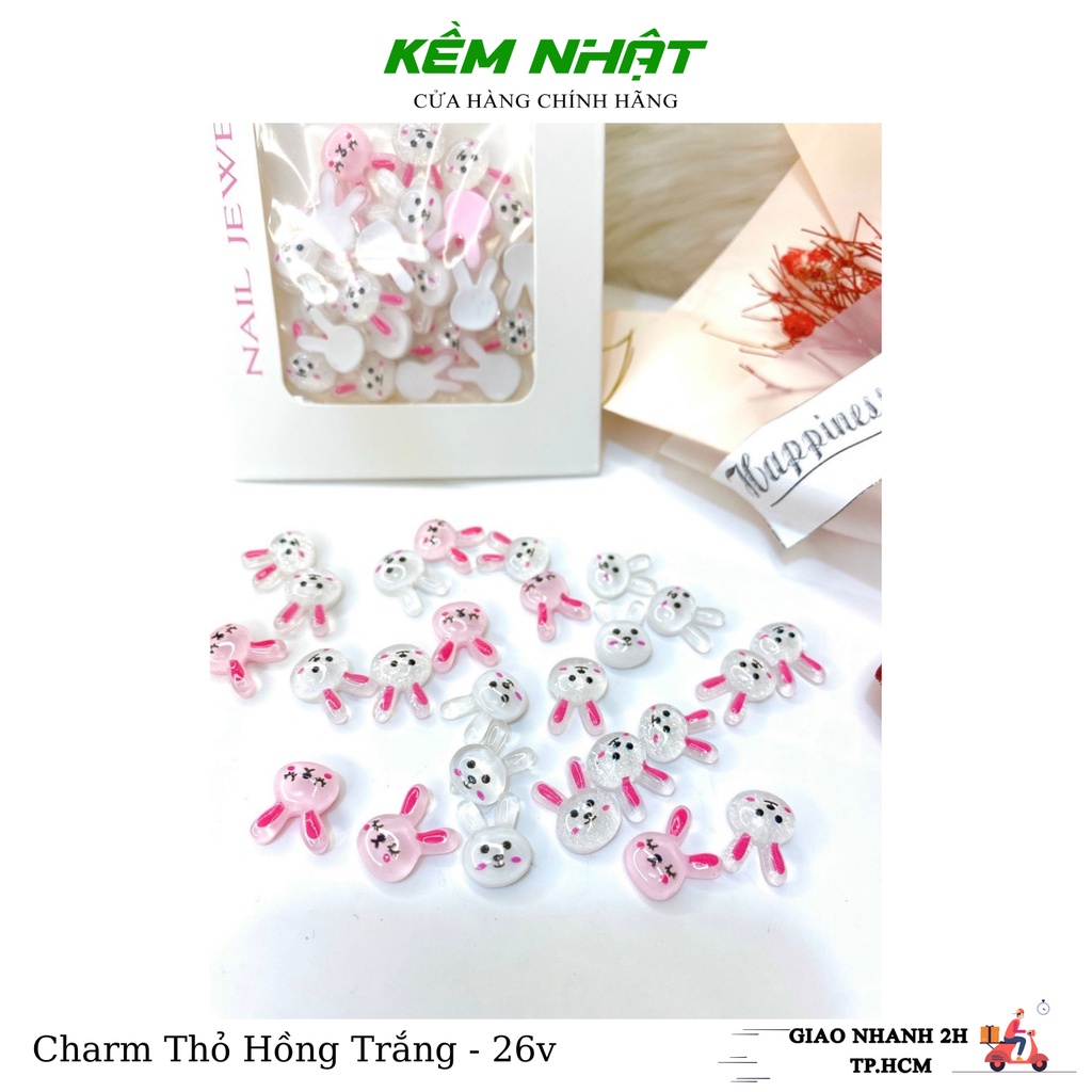 Set Charm Thỏ Trắng Hồng Đính Móng