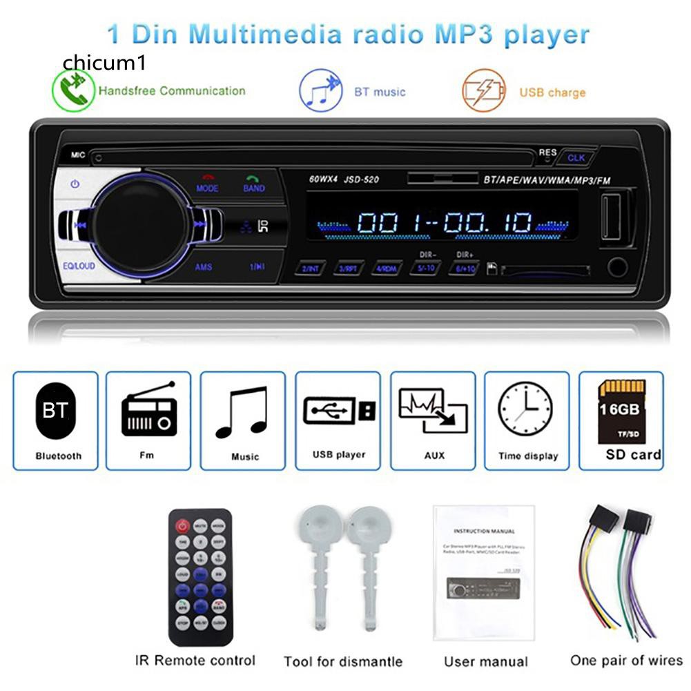 CHI JSD-520 Car Bluetooth Stereo Audio FM Radio Hands-free AUX USB MP3 Music Player