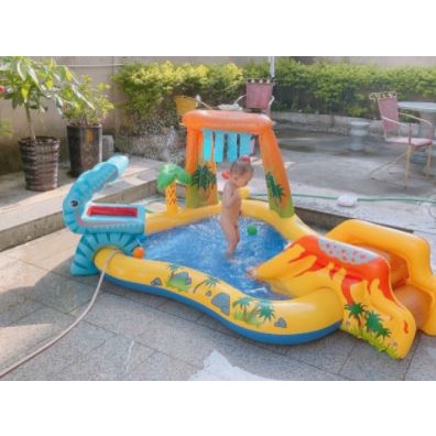 Bể bơi trẻ em phao bể bơi cầu trượt cho bé mẫu khủng long núi lửa phun nước