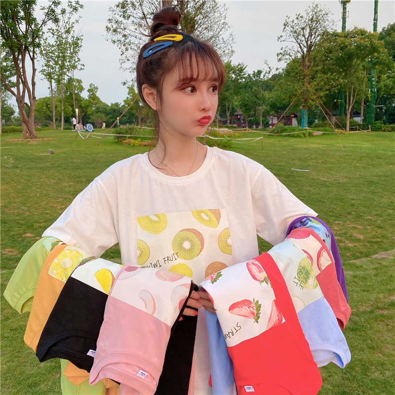 SUXI Áo Thun Ngắn Tay Cổ Tròn In Họa Tiết Trái Cây Xinh Xắn Dành Cho Nữ