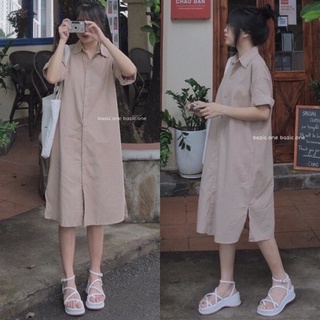 Ảnh thật 100% -Đầm sơ mi tay ngắn dáng suông basic vintage xẻ lai